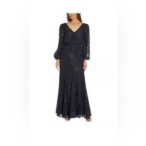 ADRIANNA PAPELL Womens Navy Back Long Sleeve Full-Length Formal Gown Dress 2